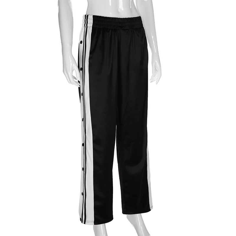 Rapwriter Streetwear Panelled Side Striped Button Straight Pant Women Stretch High Waist Trousers Long Pant Capris Pocket