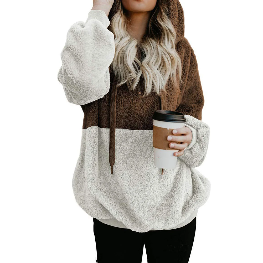 Женские теплые ворсистые толстовки с длинными рукавами на шнурке молнии для