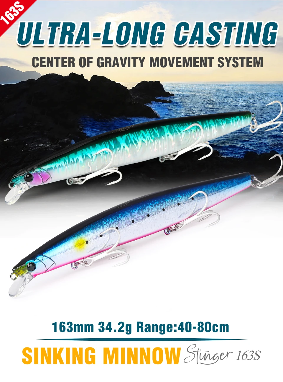 

TSURINOYA 163S Sea Fishing Sinking Minnow Ultra Long Casting STINGER 163mm 34.2g Tungsten Movemenr Weight Saltwater Hard Baits