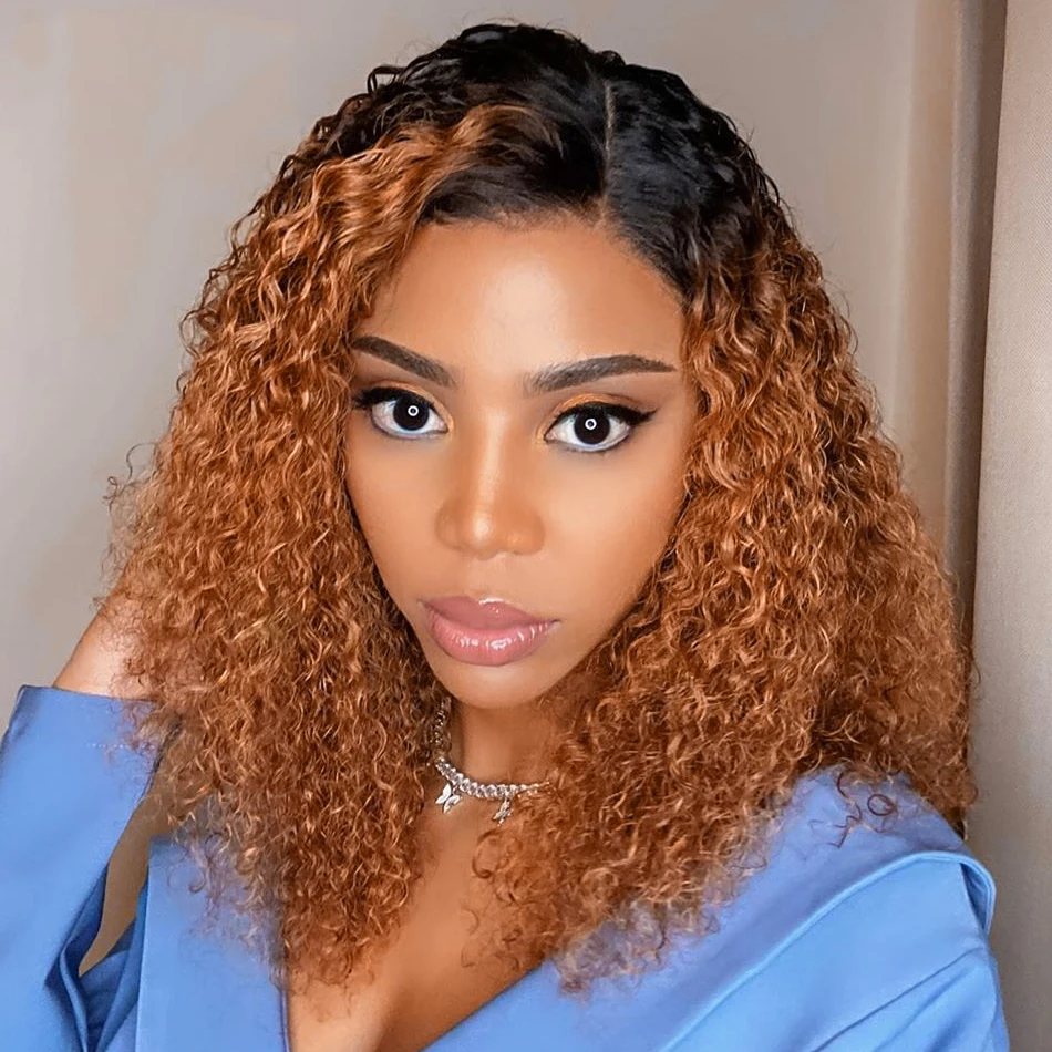 1B 27 Ombre Highlight Short Bob Curly Wig Lace Front Human Hair Deep Wave Wigs Baby Brazilian Water Women | Шиньоны и парики