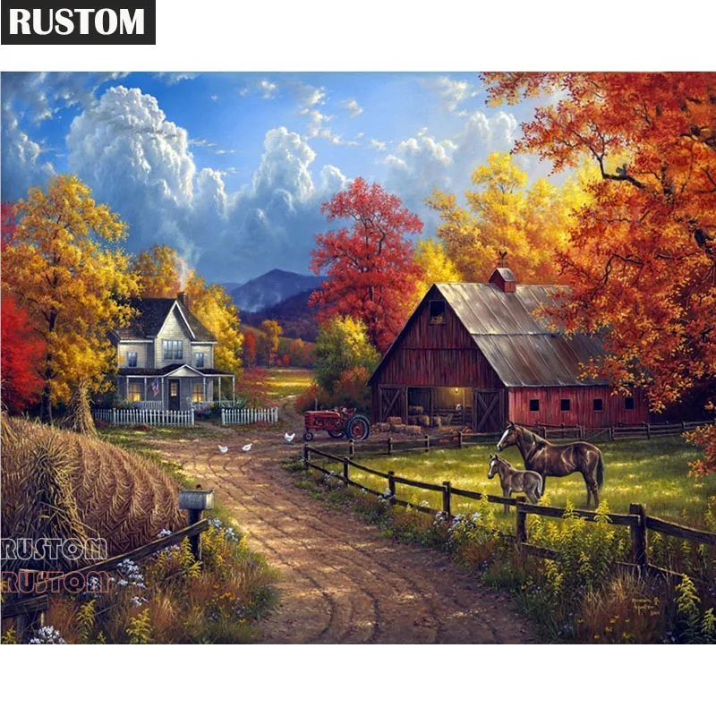 

DIY 5D Diamond Painting Cross Stitch Sunset autumn leaves village Full Round Drill Mosaic Diamond Embroidery Home Decor Rustom