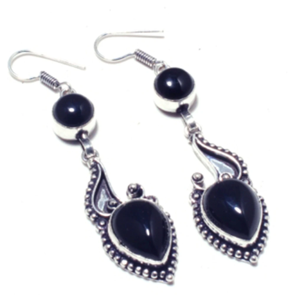 

Nature Black Onyx , Silver Overlay on Copper Earrings, Hand made Jewelry Gift