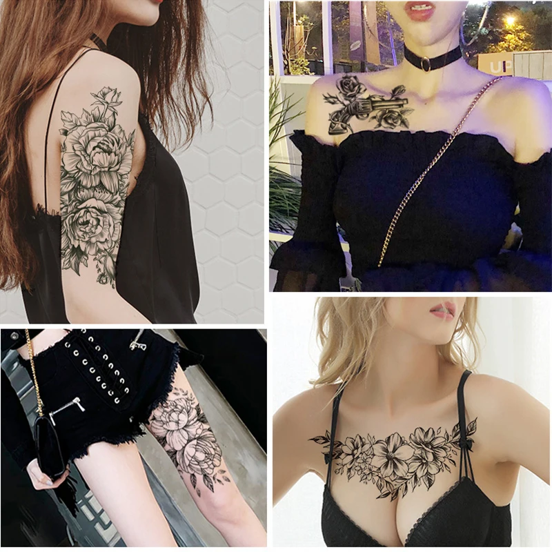 

100X Fake Temporary Tattoos Shoulder Arm Transfer Stickers Black Women Flower Hot Sexy Men Tiger Spray Waterproof Totem Sleeve
