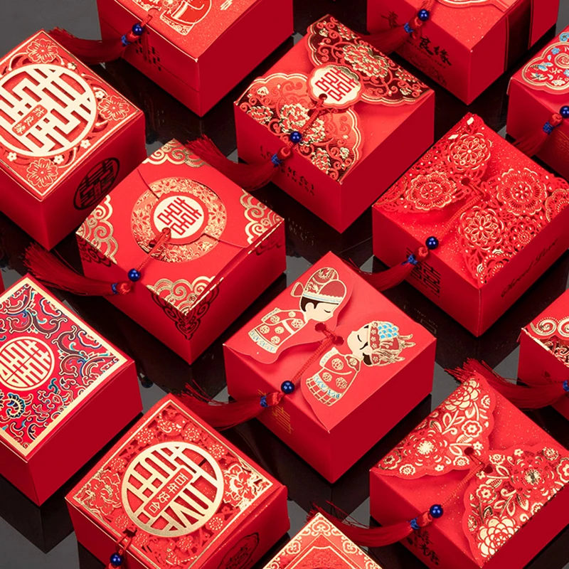 Cajas de caramelos para bodas, regalos creativos de estilo chino, rojo, 50 Uds.