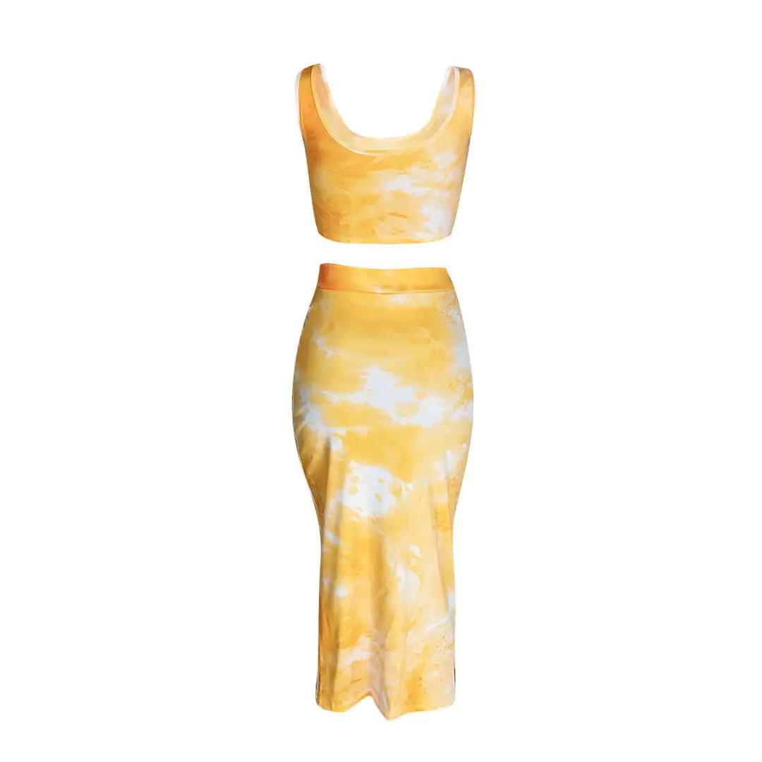 

Women's Summer Sundresses Two Pieces Set Crop Top Skirt Birthday Outfits Urbane Yellow Dress Light Office Lady Suit Dropshipping