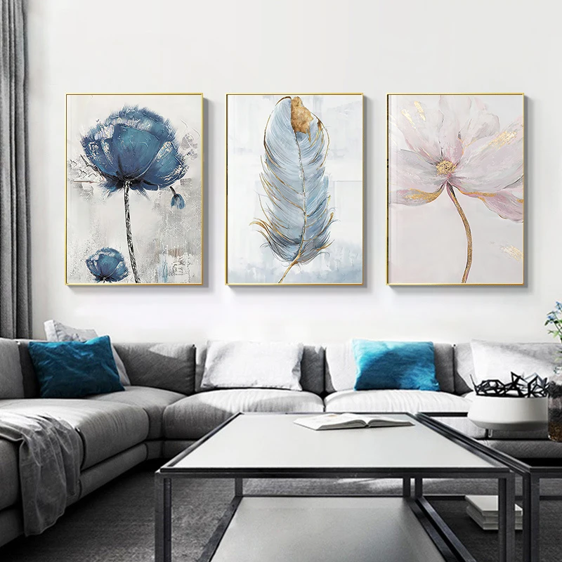 

Watercolor Blue Feather Flower Wall Art Poster Print Modern Abstract Picture Canvas Oil Painting for Living Room Home Decoration