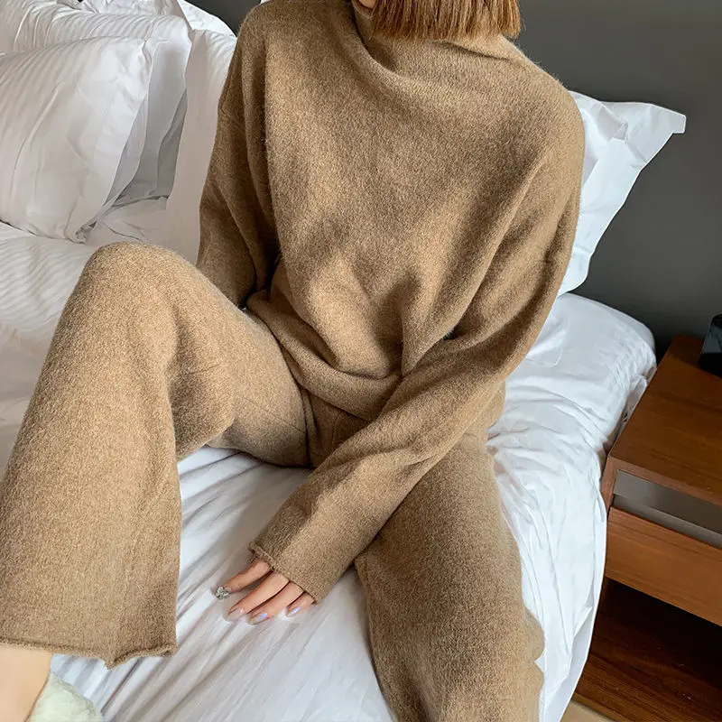 

Knitted Suit Autumn 2020 New Women's Loose High Collar Pullover Sweater Knit Pants Two Piece Set Casual Outfits Winter Clothes