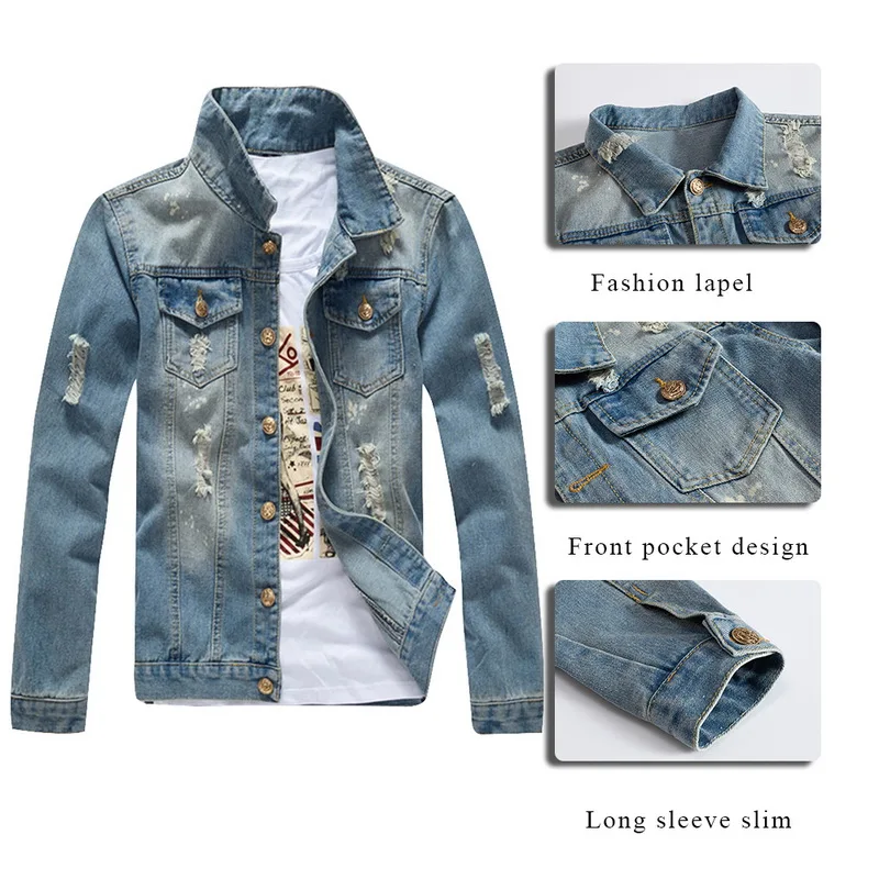 CYSINCOS Новая Осенняя джинсовая куртка с дырками мужские рваные ковбойские куртки