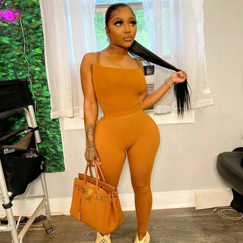 

Two Piece Set Brown Pants Sets Women Chic Sleeveless Sexy Bodysuits and Bodycon Trousers Suits Elegant Long Jumpsuit 2021 Causal