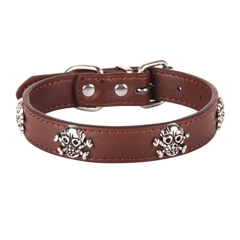 Brown Pet Dog Collar Собачий ошейник с заклепками в виде черепа, ошейник из искусственной кожи для щенков, ошейник для маленьких, средних и больших собак, ремешок на шею S/M/L/XL, черный, красный, синий цвета, Прямая поставка - Цвет: Brown Pet Dog Collar