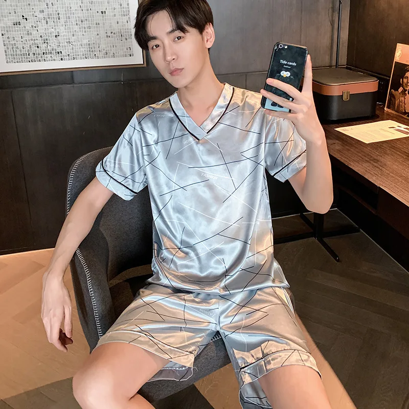 (Top + Pants) Men's Ice Silk Short Sleeve Pajamas Suit Casual Comfortable Trend Printing Loose Thin Lapel Cardigan Home Service