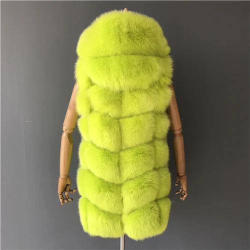 Lemon green Жилет с капюшоном из натурального Лисьего меха, женский зимний толстый меховой жилет, женский жилет из натурального Лисьего меха - Цвет: Lemon green