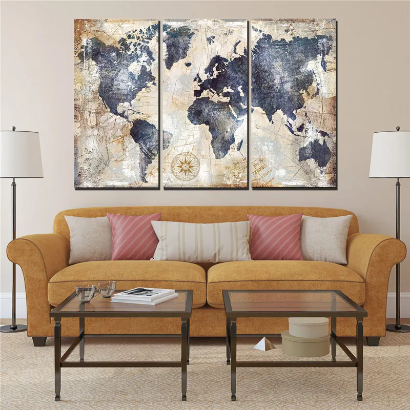 

Modular 3 Panels World Map Print on Canvas Painting Scandinavian Cuadros Watercolor Poster Wall Art Pictures For Living Room