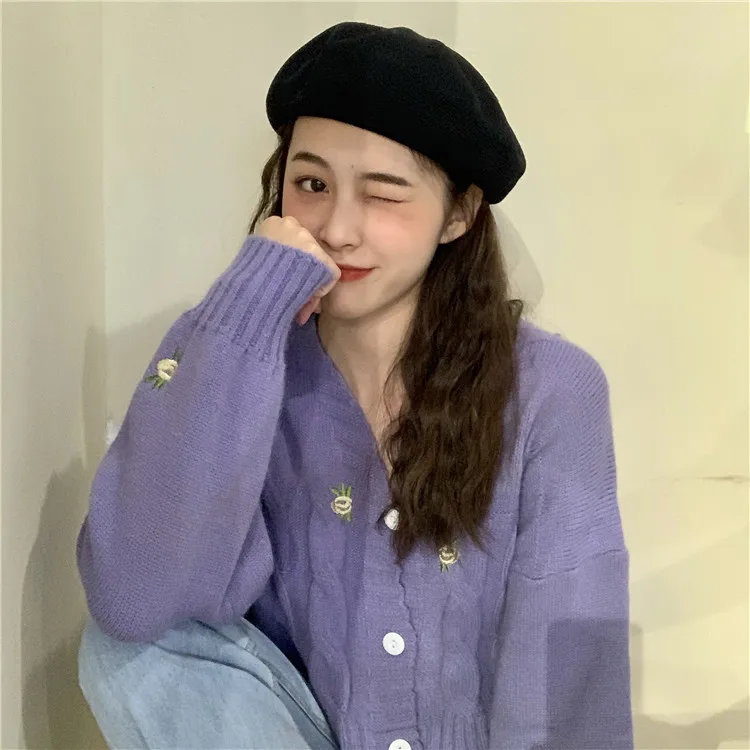 Harajuku Винтаж ins Горячая каваи милый Лолита корейский стиль фиолетовый черный вышивка пуговицы укороченный топ короткие свитера женские YQ-1067