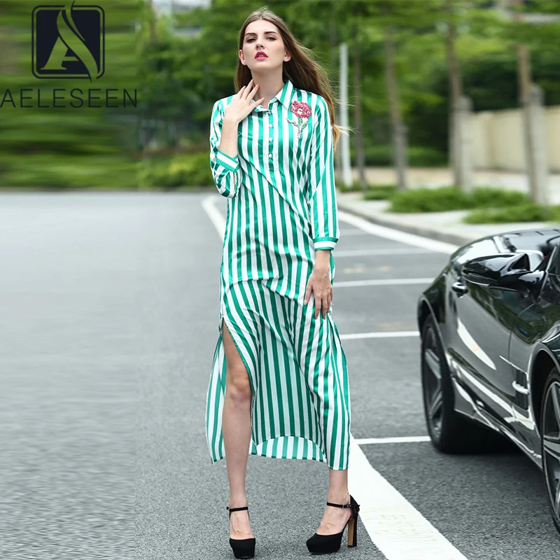 

Fashion Women Runway Autumn Turn-down Collar Long Sleeve Striped Print Rose Embroidery Ankle-Leght Split Dress