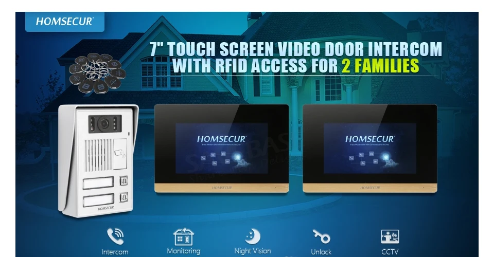 HOMSECUR " сенсорный экран цветной видеодомофон 800TVLine Водонепроницаемая камера RFID брелок Разблокировка для 2 квартиры/дома