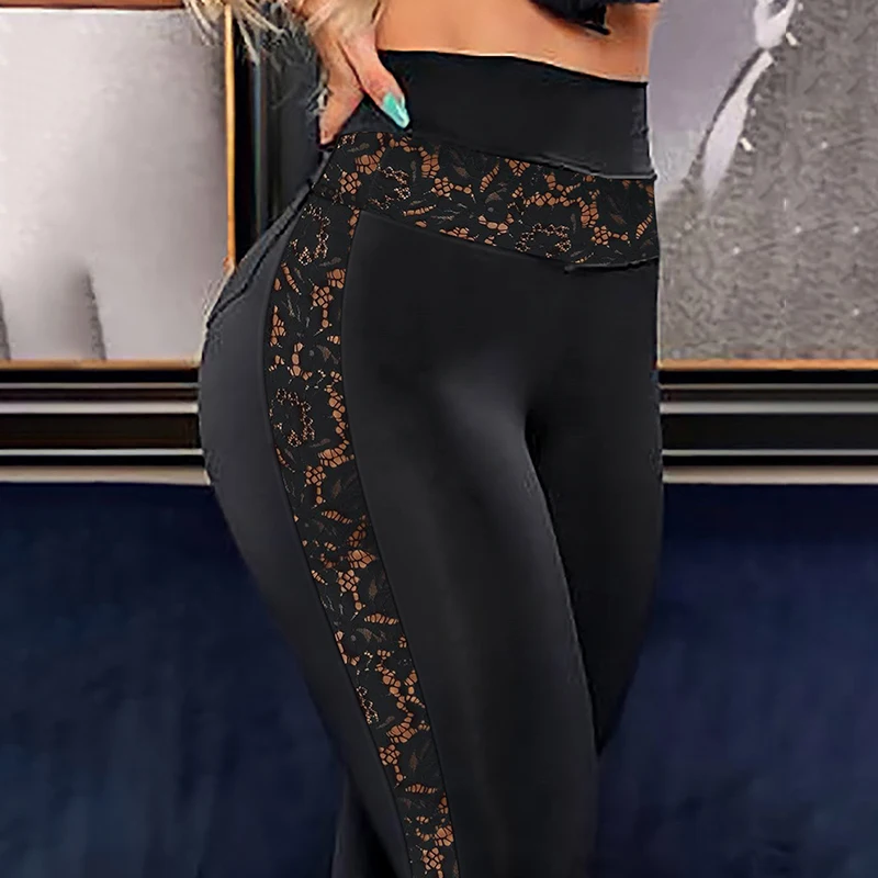 

Spring Autumn Women Going Out Slim Fit Black Trousers Bottoms Daily Wear Contrast Lace High Waist Skinny Pants