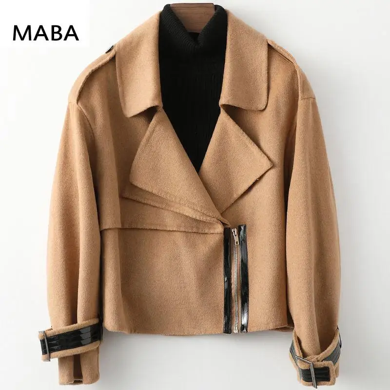 

Winter Women Fashion Short Wool Jacket Notched Collar Long Sleeve Black / Khaki Slim Zipper Double-sided Wool Jacket Streetwear