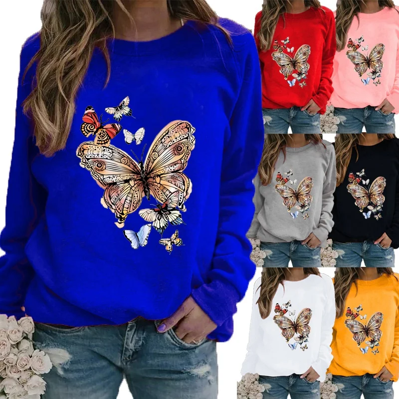 

Women Autumn and Winter Fashion Clothing Butterfly Printed Casual Long Sleeve Tops T-shirt Ladies Round Neck Pullover Blouse
