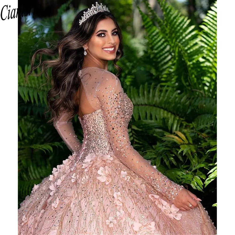 

2021 блестящее Розовое Бальное платье, платья для Quinceanera, вышитые бисером, с открытыми плечами, тюль с блестками, милое платье 15 16, праздничная ...