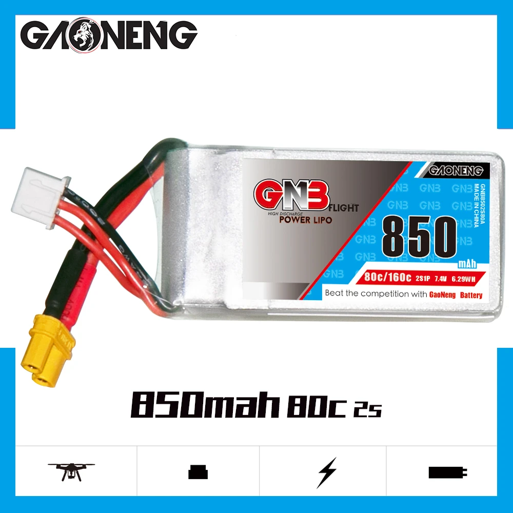 2PCS GaoNeng 850mAh 2S 7.4V 80C Lipo Battery With XT30 Plug For FPV Racing Drone RC Quadcopter Helicopter Toy Parts | Игрушки и хобби