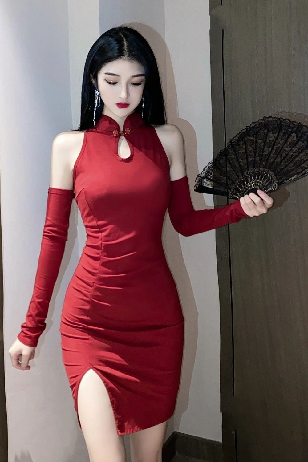 

Autumn Winter New Folk Retro Improved Cheongsam Dress Long Sleeve Open Back Solid Color Sexy Dresses Waist Slit Slim Fit Dress