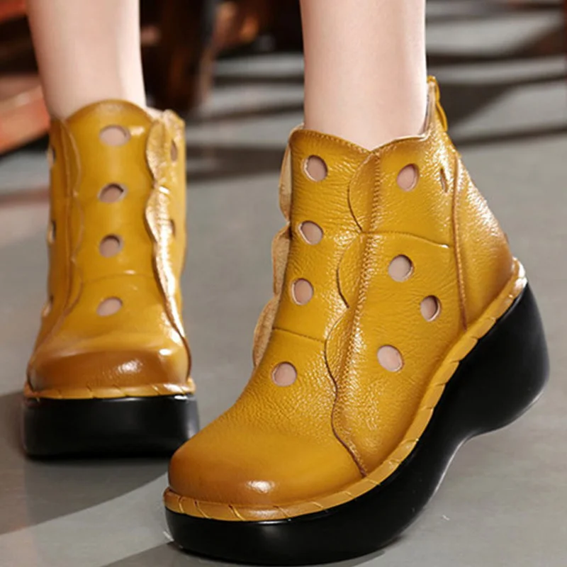 

TIMETANGGenuine Leather Women Summer Boots Wedges Platform Round Toes Cut Out Vintage Hole Ankle Boots Woman ShoesE1136