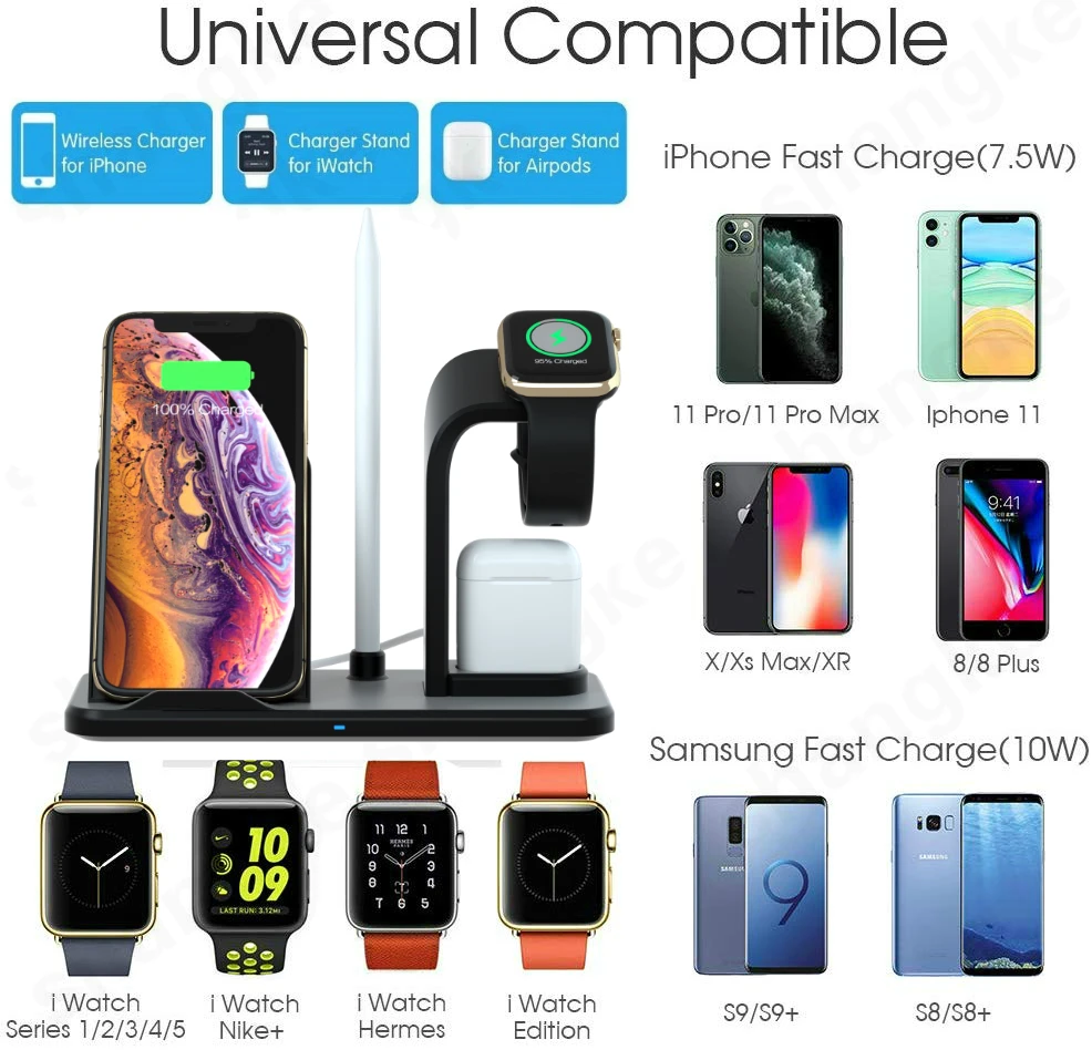 Беспроводное зарядное устройство 3 в 1 для iWatch4 3 2 1 Подставка для зарядки Qi быстрозарядная станция база для iPhoneX 8 Plus XS XR зарядное устройство для airpods