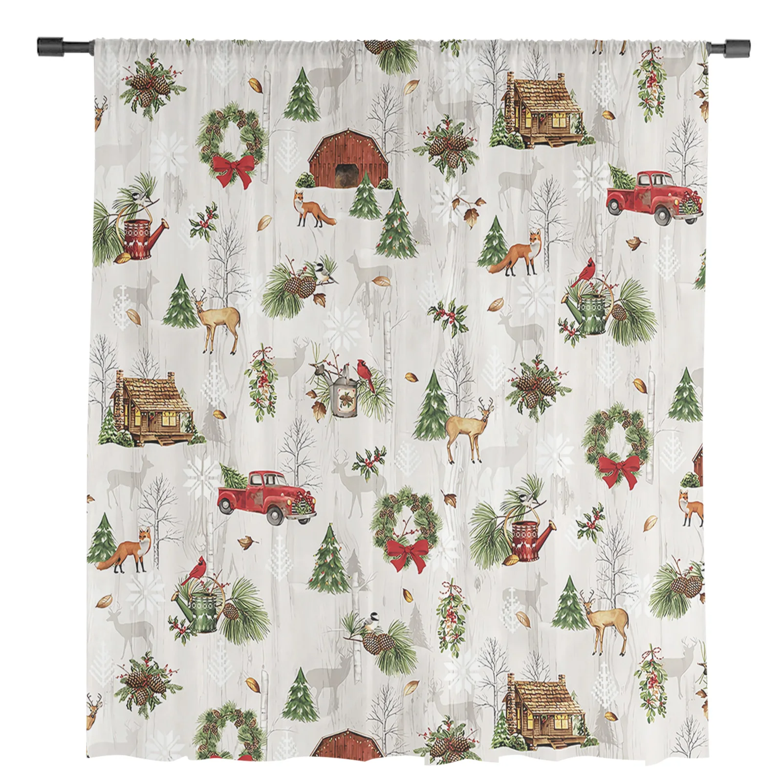 Рождественские красные прозрачные шторы в стиле ретро с грузовиком
