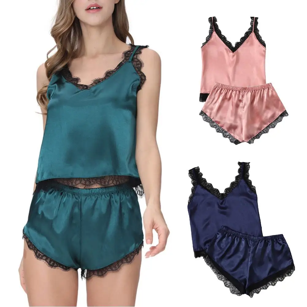 

2Pcs Sexy Pajama Sets Women V Neck Lace Patchwork Sleeveless Top Shorts Sleepwear Sets Womens Pajama Sets femme Pyjamas Set