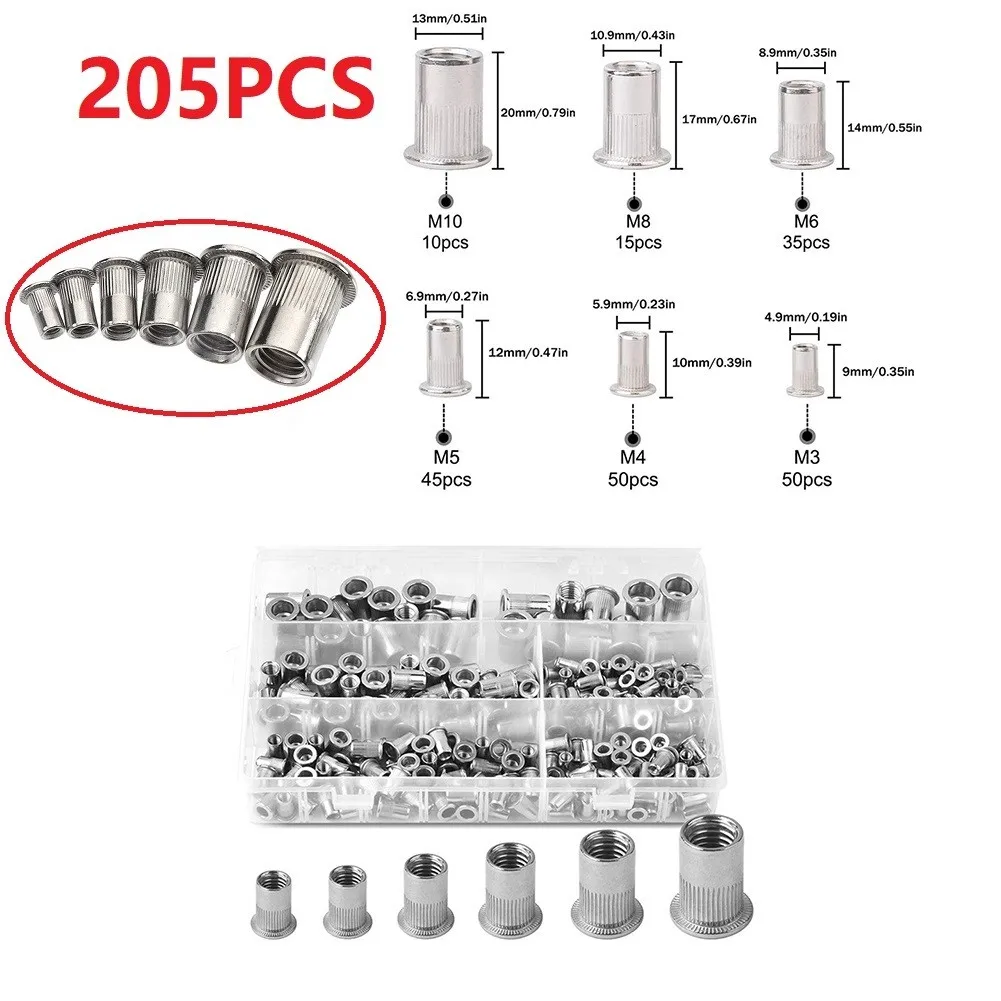 

205 шт. плоская головка Резьбовая клепальная гайка M3 M4 M5 M6 M8 M10 заклепочная гайка из нержавеющей стали набор для пневматического ручного клепа...