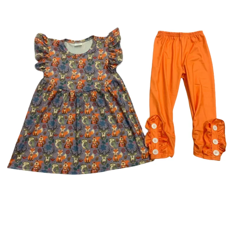 

Детская одежда, костюм с принтом животных, лисы, рукава-бабочки, оранжевые длинные брюки, комплекты одежды для девочек