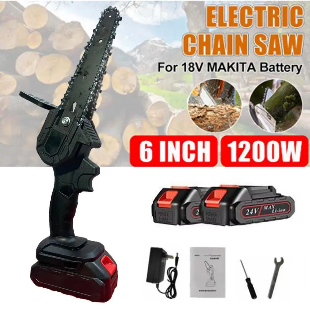 6 Inch 24VF 1200W Mini Electric Saw Chainsaw Wood Cutter With Rechargeable Battery Woodworking Pruning One-handed Garden Tools