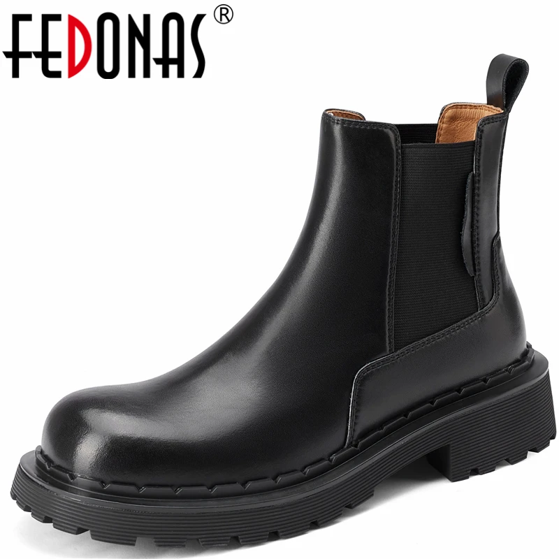 

FEDONAS 2021 New Women Ankle Boots Autumn Winter Working Casual Concise Genuine Leather Thick Heels Basic Splicing Shoes Woman