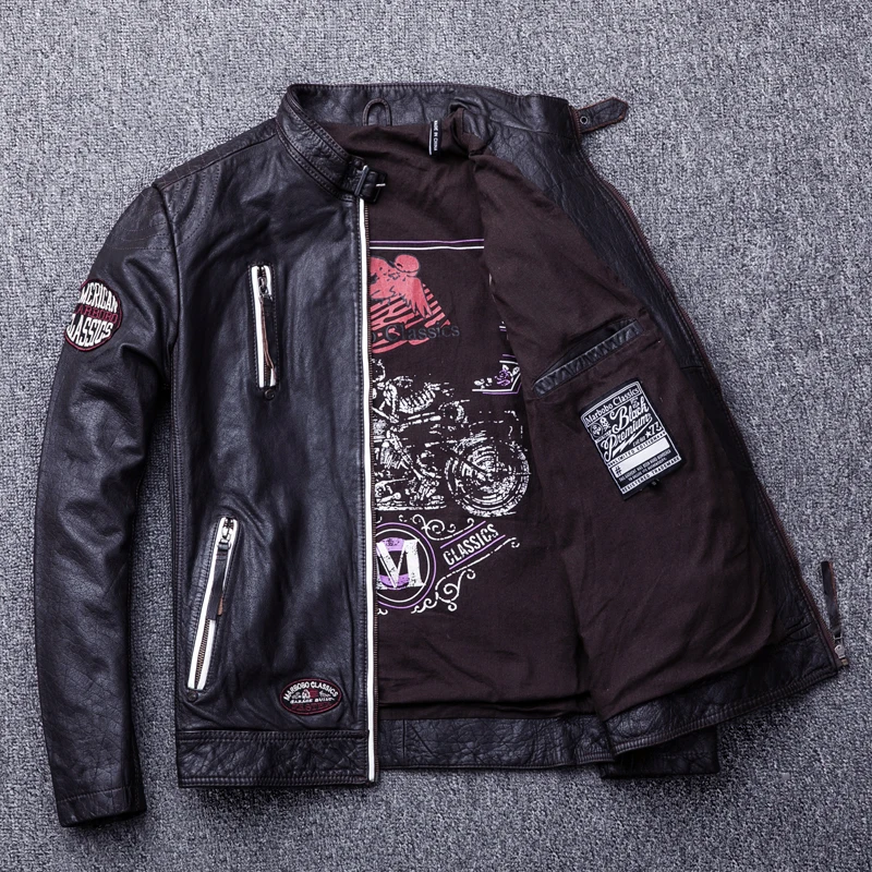 

Nice Shipping Indian Retro Cow Leather Jacket,Embroidery Printing Vintage Genuine Leather Coat Dark Brown