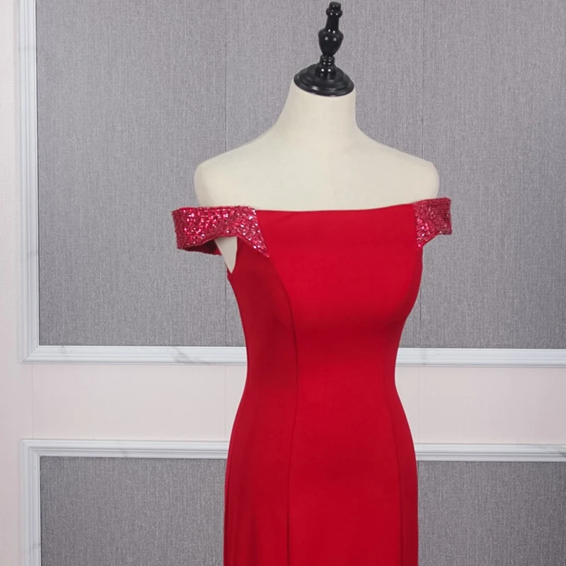 JANCEMBER Лодка шеи красное платье для выпускного вечера с плеча коротким рукавом и