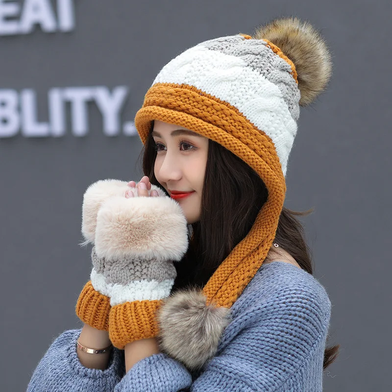 Осенне зимние женские шапочки теплые толстые меховые шерстяные вязаные шапки