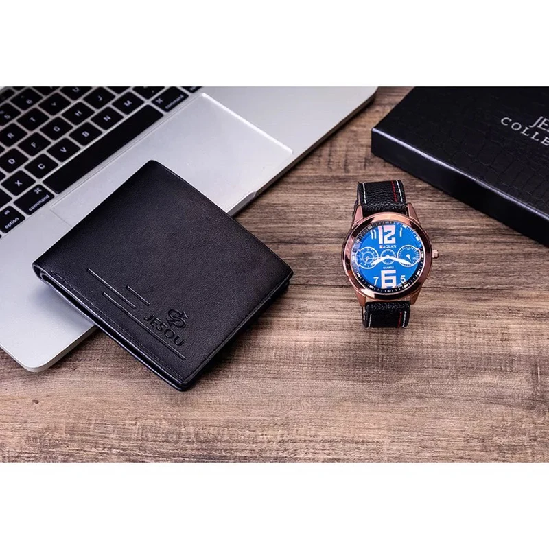 Часы наручные мужские кварцевые с кожаным ремешком складной кожаный кошелек