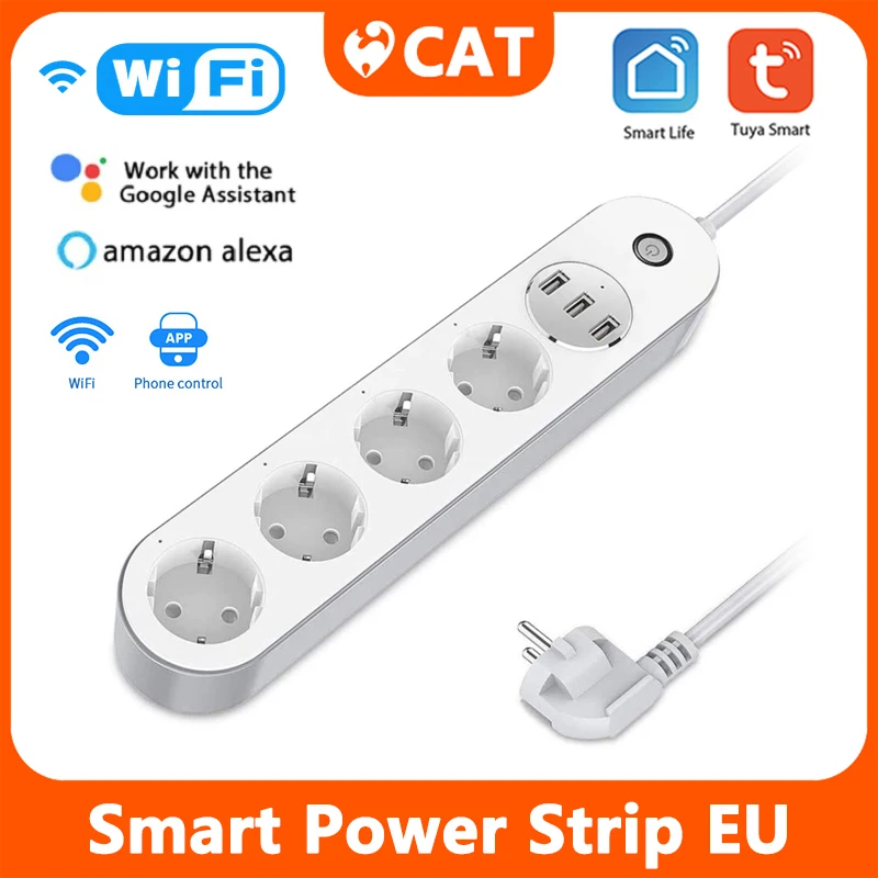 

Wifi Smart Power Strip 4 EU Outlets Plug With 3 USB Charging Port Timing App Voice Control Work With Alexa Google Home New