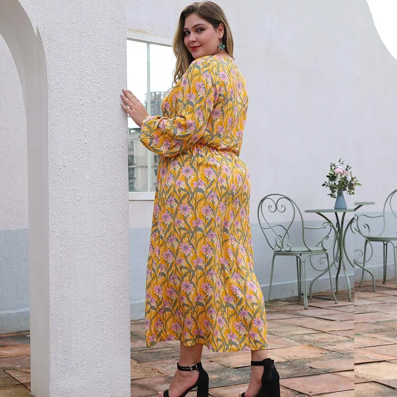 WHZHM/осеннее платье с цветочным принтом и разрезом большие размеры 3XL 4XL длинные