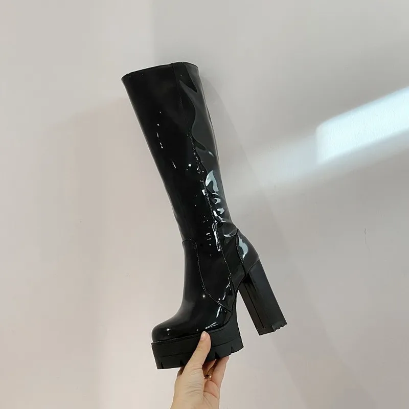 Сапоги женские из лакированной кожи высокие сапоги до колена на платформе