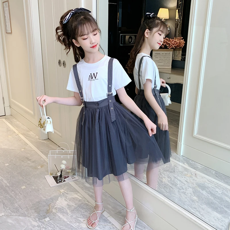 Сетчатая модная корейская детская одежда знаменитостей Новинка Лето 2021 платье