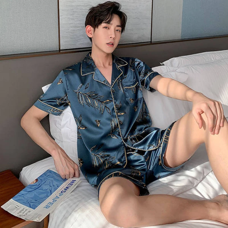 

Summer Mens Pajama Set Silk Satin Sleepwear Leisure Nightwear Soft Pyjamas Short Sleeve Shorts Homewear Suit Plus Size L-5XL