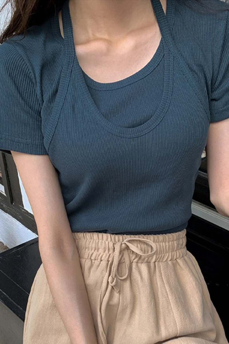 

ZCSMLL Korean summer vintage t-shirt round neck halter neck fake two-piece slim short-sleeved sweater top women 2021 fashion