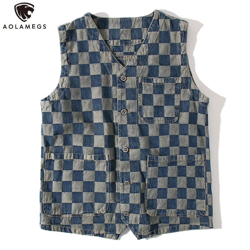 

Aolamegs Denim Vest Men's Jacket Japanese Vintage Cargo Plaid Tank Tops Multi-Pocket Sleeveless Coat Couple All-match Streetwear