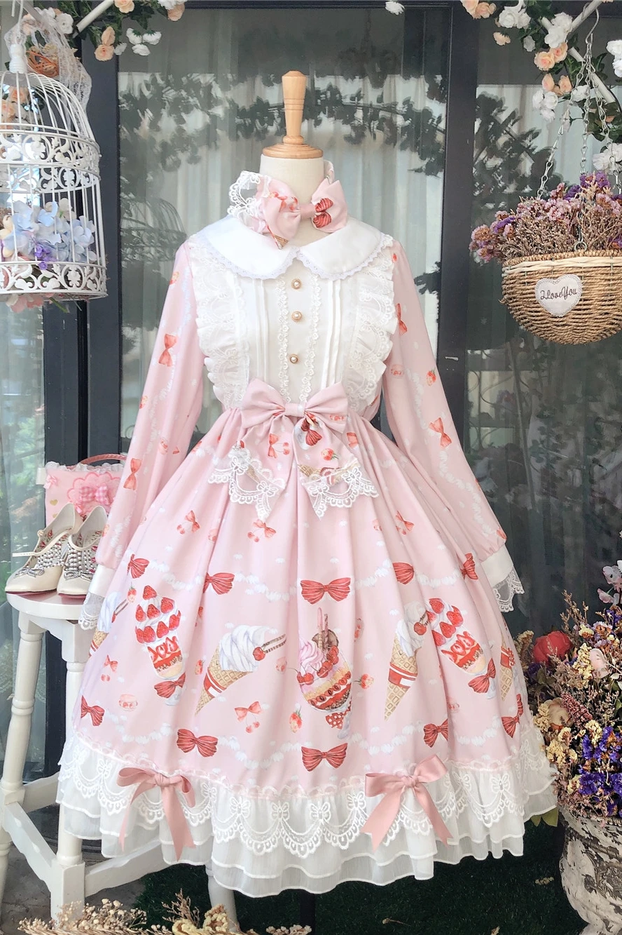 Милое женское платье принцессы с принтом клубники и десертов кружевное в стиле