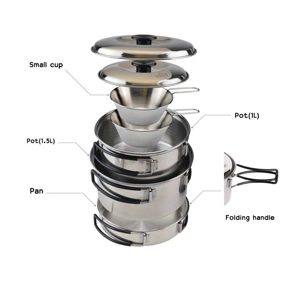

Outdoor Camping Cookware Set Portable Stainless Steel Camp Cooking Pot Pan Bowls with Foldable Handles