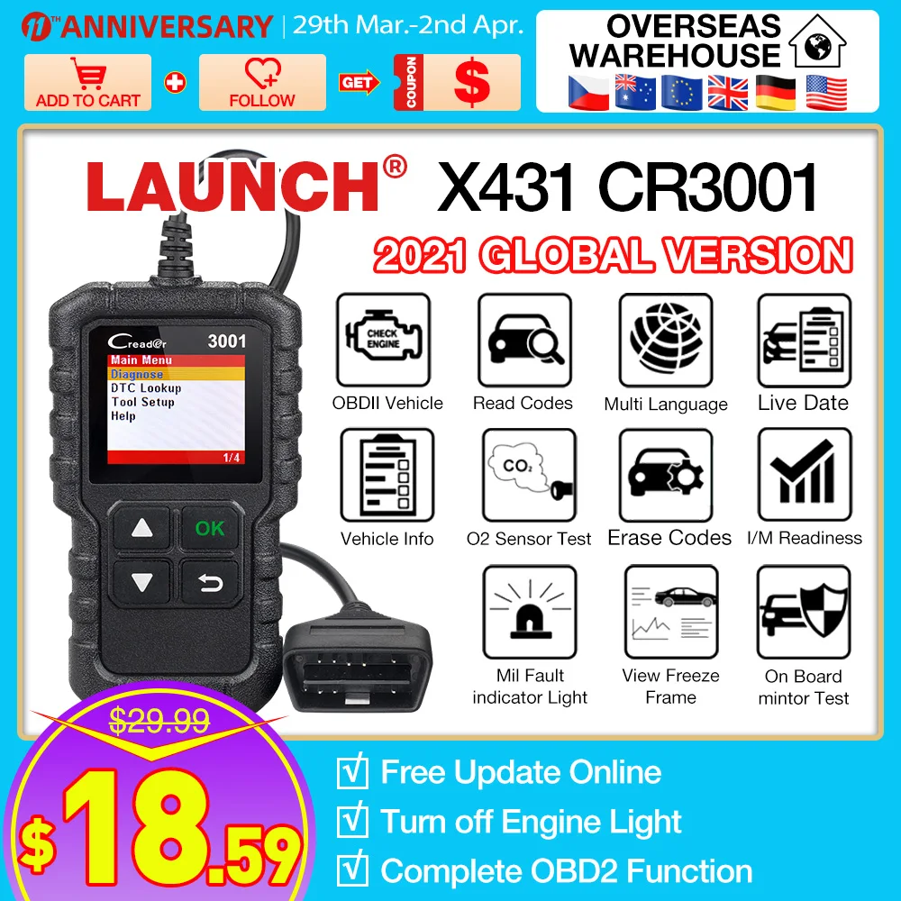 

LAUNCH X431 Creader 3001 Full OBDII/EOBD code reader scanner Multilingual CR3001 Car diagnostic tool PK ELM 327 CR319