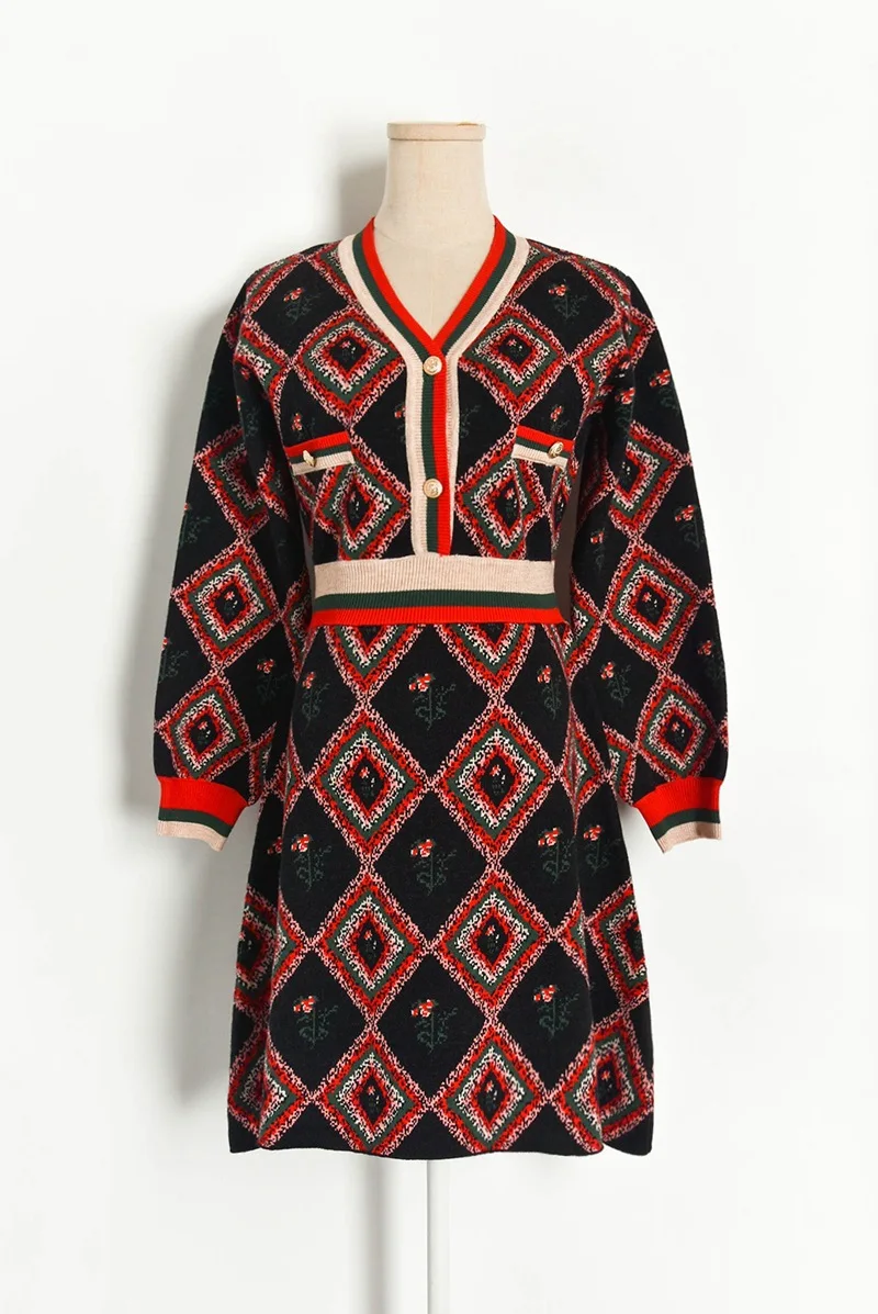 Теплое зимнее платье для женщин хит цвет ромба жаккардовое платье-свитер 2020