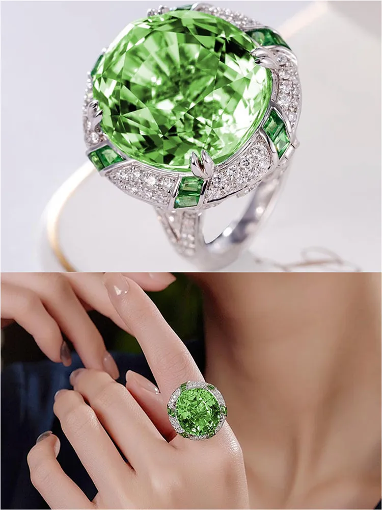 

4 Carats Green Crystal Delicate Emerald Gemstones Diamonds Flower Rings for Women 18k White Gold Silver 925 Color Jewelry Bijoux